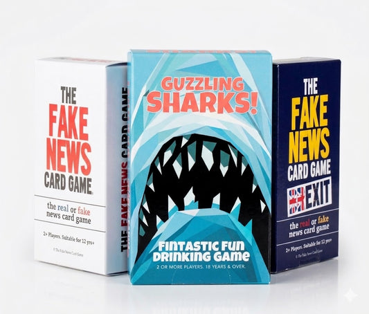 Three card game boxes titled 'The Fake News Card Game', 'Guzzling Sharks!', and 'Exit' on a white background.