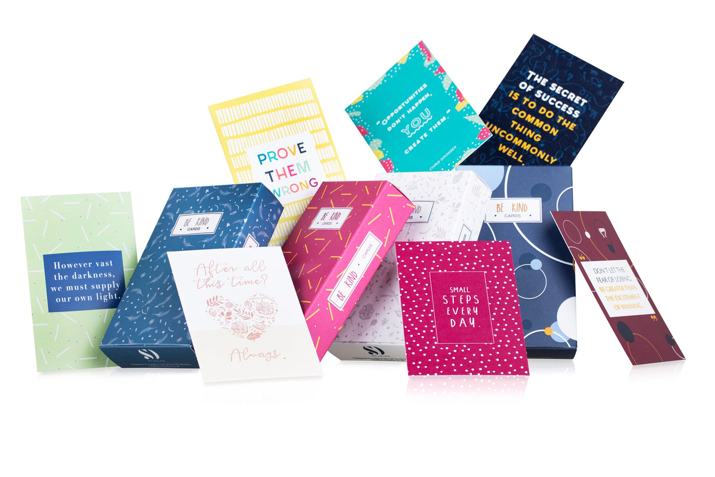 Collection of colorful greeting cards with various designs and text on a white background