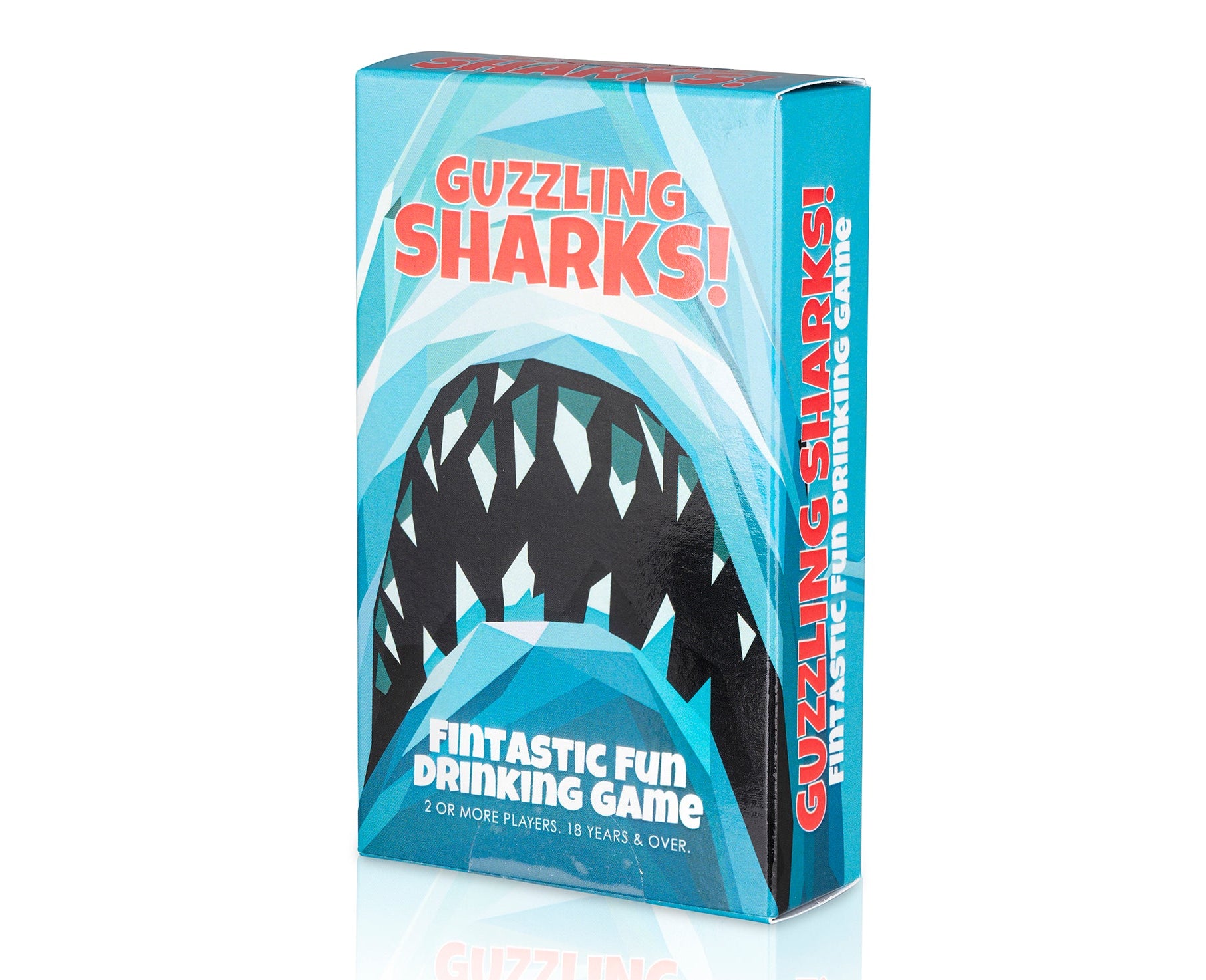 Guzzling Sharks drinking game box on a white background