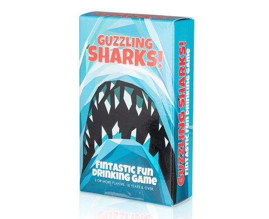Guzzling Sharks drinking game box on a white background