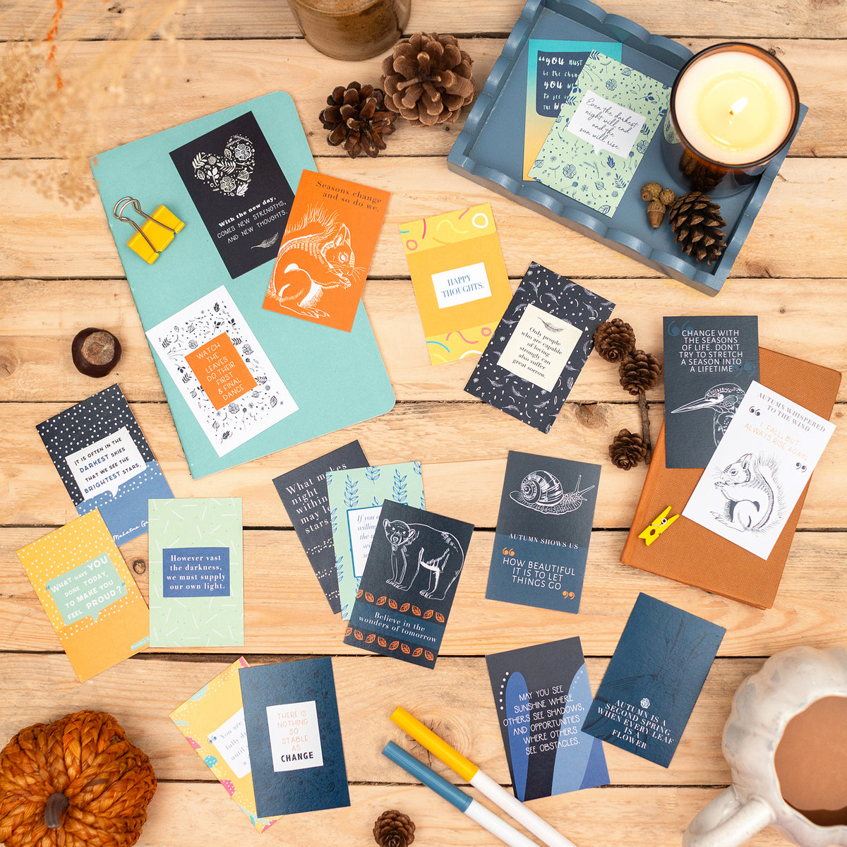 A spread of Autumn Motivational Quote Cards highlighting warm seasonal graphics.