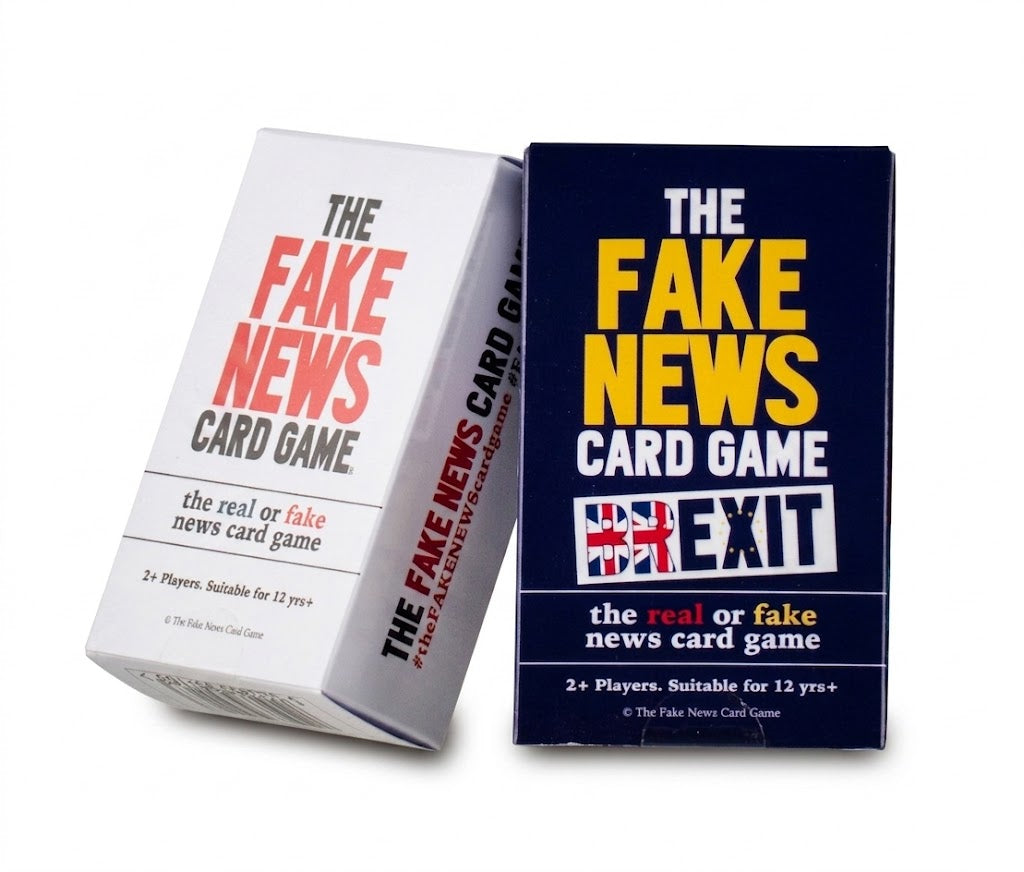 Two boxes of 'The Fake News Card Game' by Exit Games on a white background